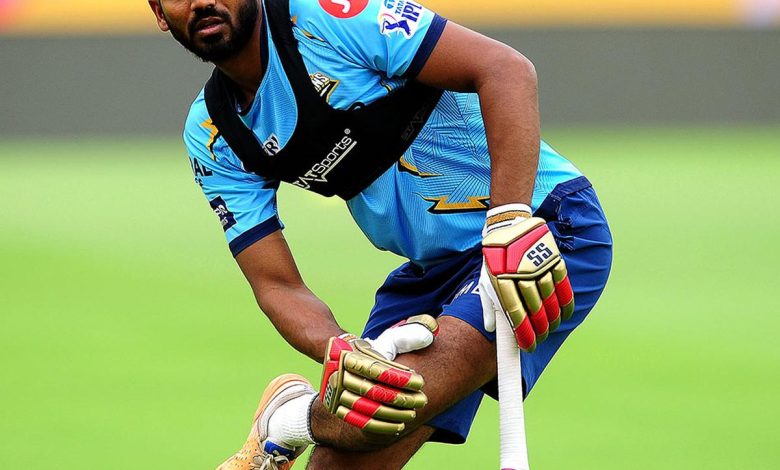 Gujarat Titans’ KS Bharat during a practice session at Narendra Modi Stadium in Ahmedabad.